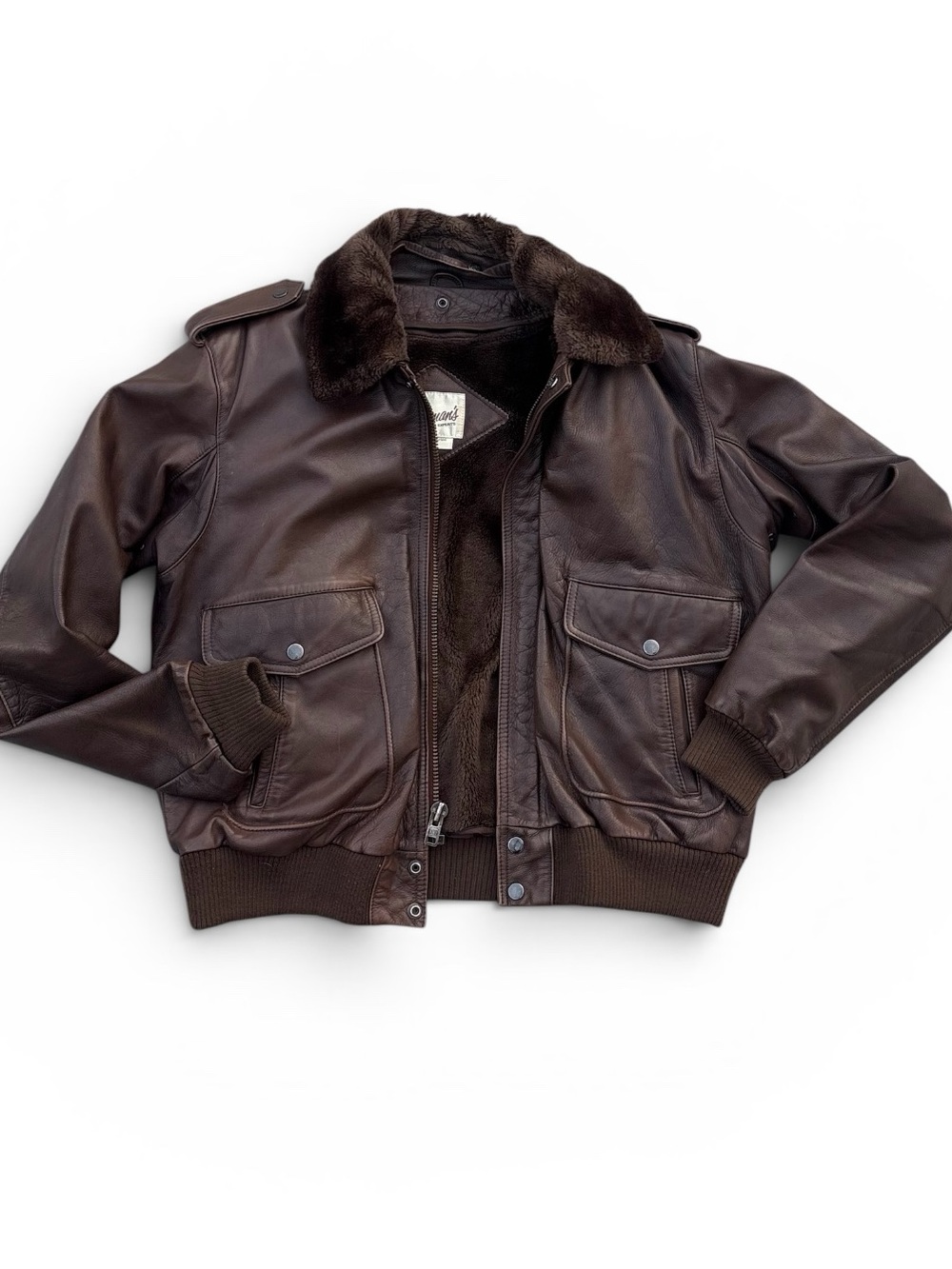 Vintage Berman’s Brown Leather Bomber Flight Jacket Faux Shearling Lined Mens 46
